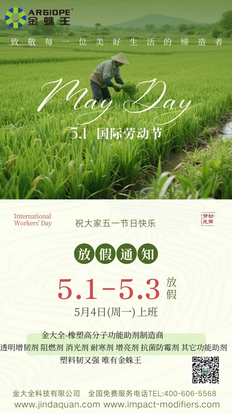 @所有塑料加工客戶，金大全科技五一放假 & 助劑訂單安排請查收